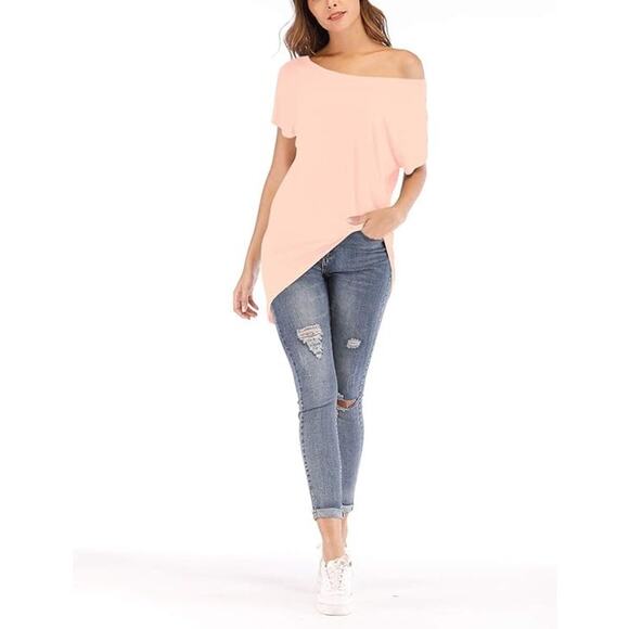 Women’s XL Pink Off Shoulder Loose Batwing Oversize Top Blouse - Picture 1 of 4